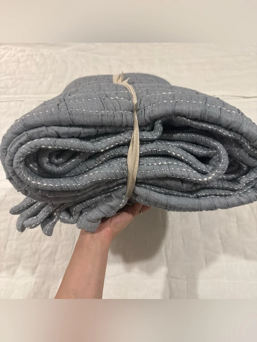 New Quince Organic Cotton Channel Stitch Coverlet Set King/Calking $174 Blue